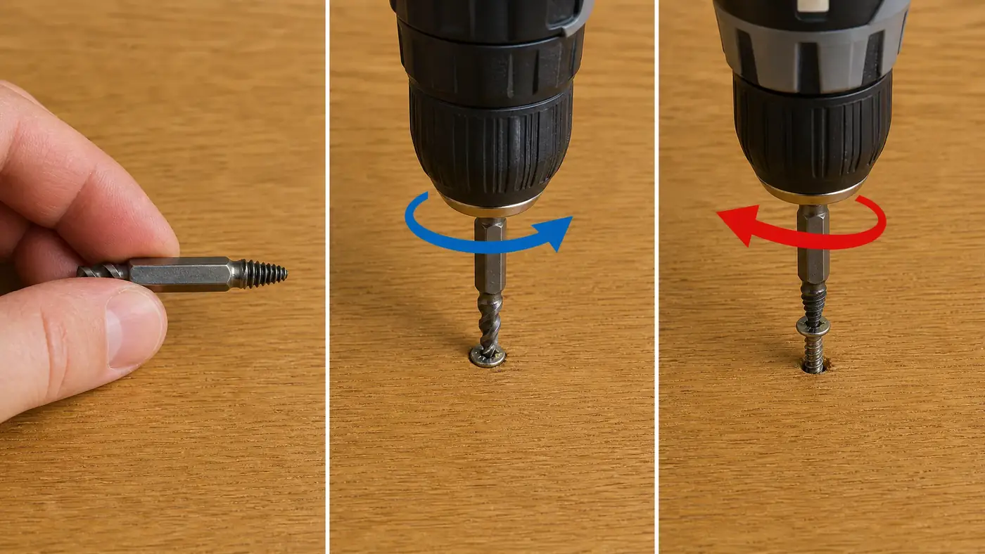Three steps for using a double-ended screw extractor on a stripped screw