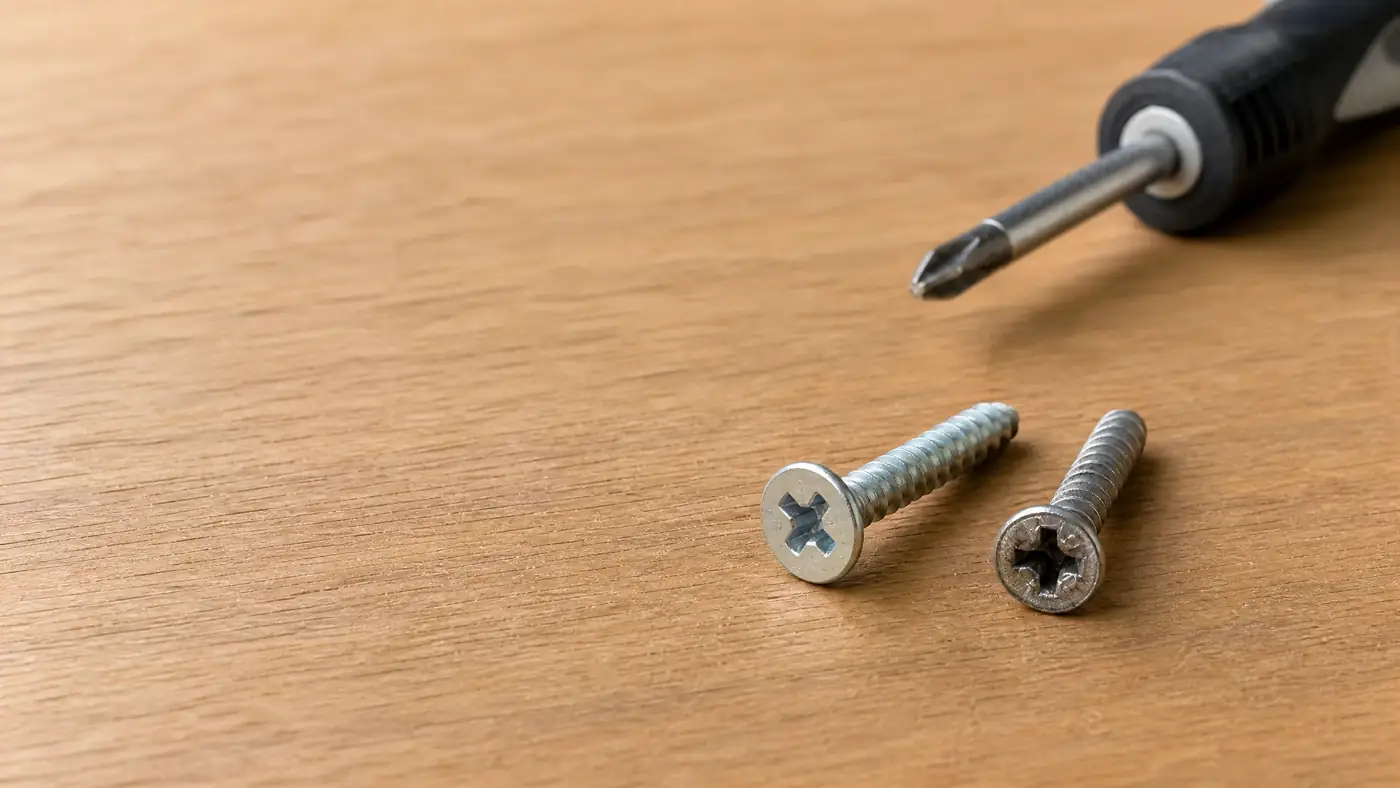 Damaged stripped screw beside a clean replacement screw on a workbench