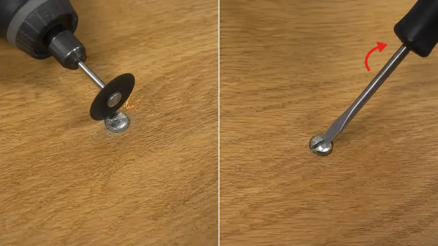 Rotary tool cutting a slot across a stripped screw before using a flat-head screwdriver