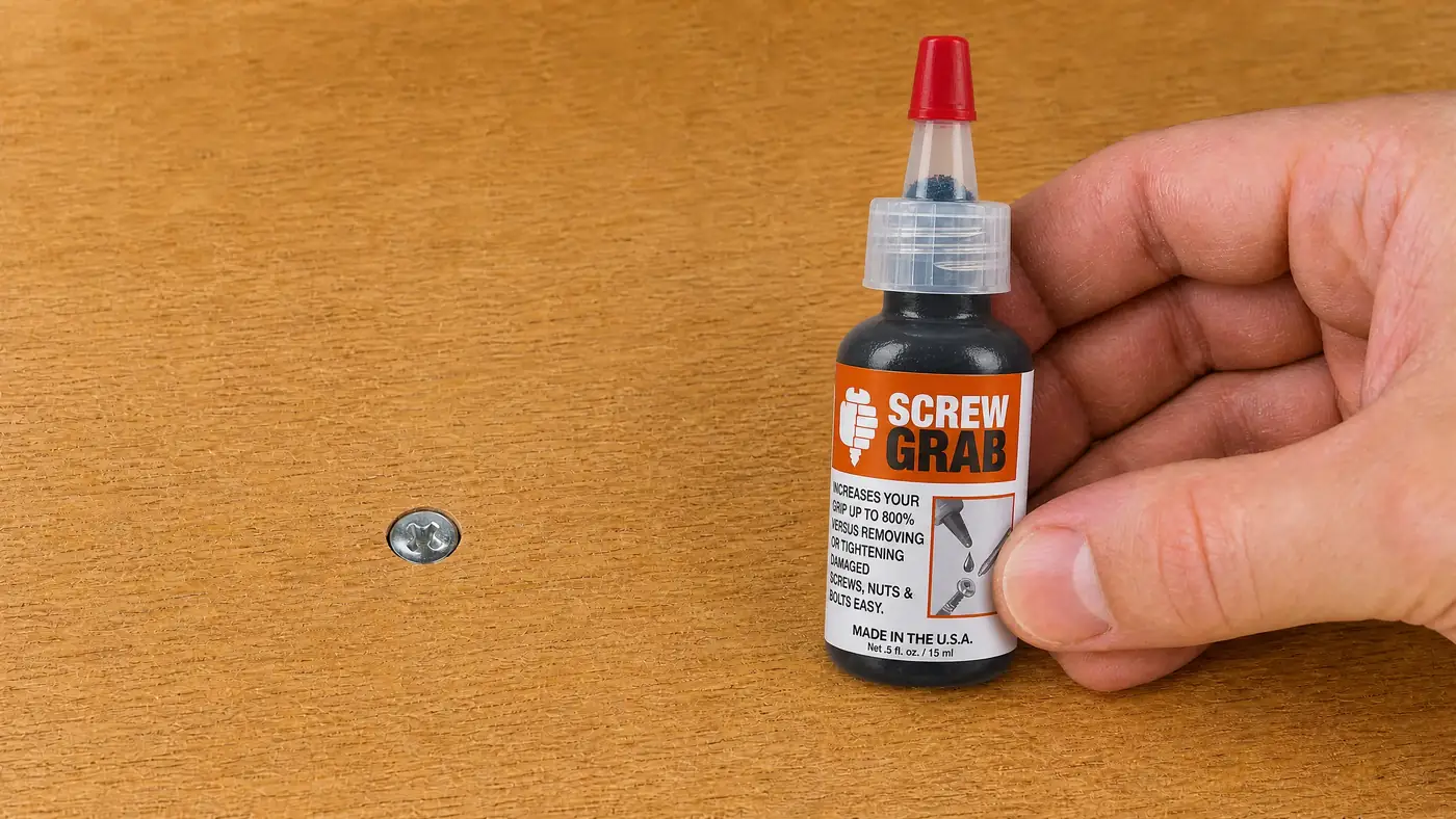 Screw Grab grip compound product beside a stripped screw on an oak work surface