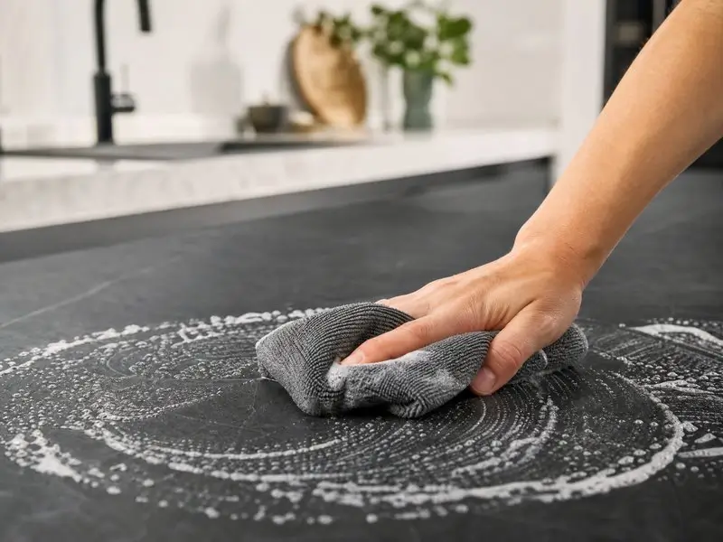 Wiping a soapstone countertop with a damp microfiber cloth and mild soapy water