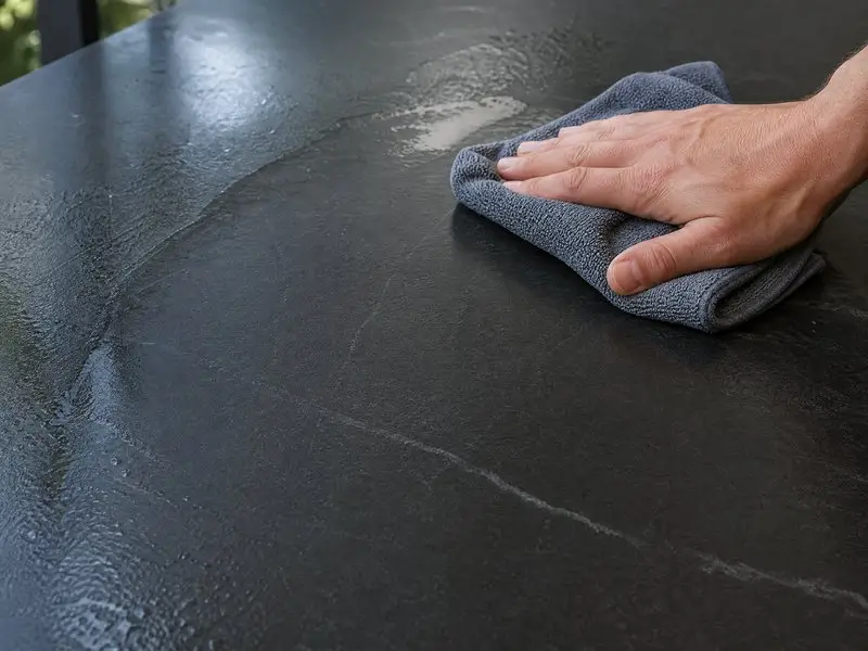 Rinsing a soapstone countertop with a clean damp microfiber cloth