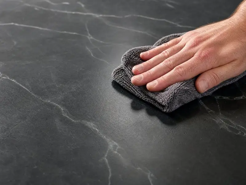 Buffing a soapstone countertop with a dry microfiber cloth